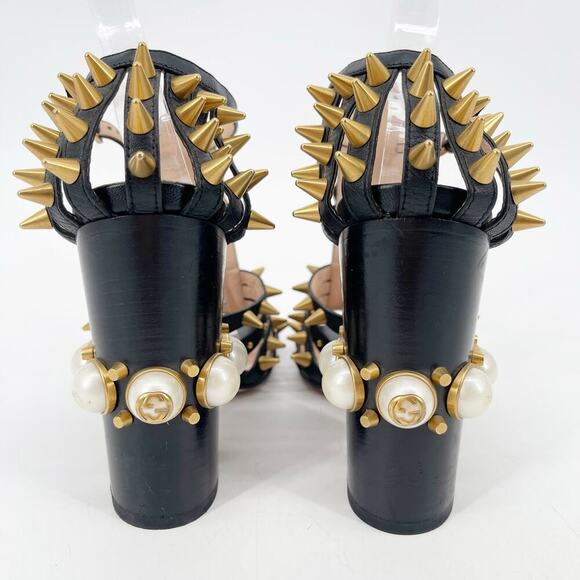 Gucci Black Leather Kendall Studded Pearl Embellished Cage Block Heels EU 39 - Picture 12 of 16